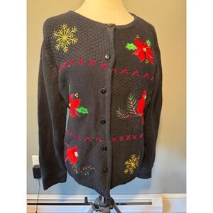 Vintage Christmas Grandma Cardigan Sweater Poinsettia Cardinal Snowflake Holiday